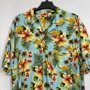 Vintage Men's Hawaiian Shirt Button Up Hibiscus and Palms Light Blue L Rayon